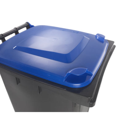 Wheelie bin in accordance with DIN EN 840, capacity 240 l, WxHxD 580 x 1100 x 740 mm, charcoal, blue lid.