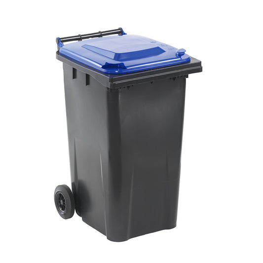Wheelie bin in accordance with DIN EN 840, capacity 240 l, WxHxD 580 x 1100 x 740 mm, charcoal, blue lid.