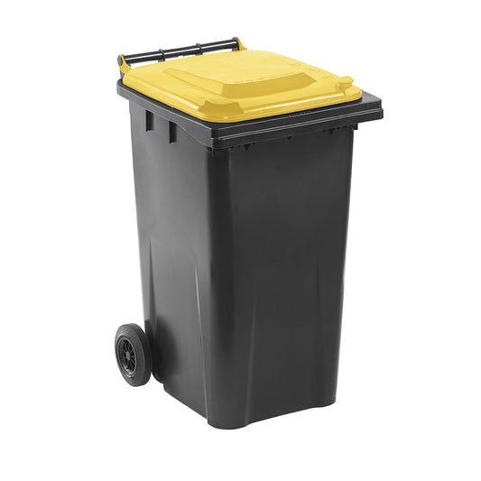 Wheelie bin in accordance with DIN EN 840, capacity 240 l, WxHxD 580 x 1100 x 740 mm, charcoal, yellow lid.