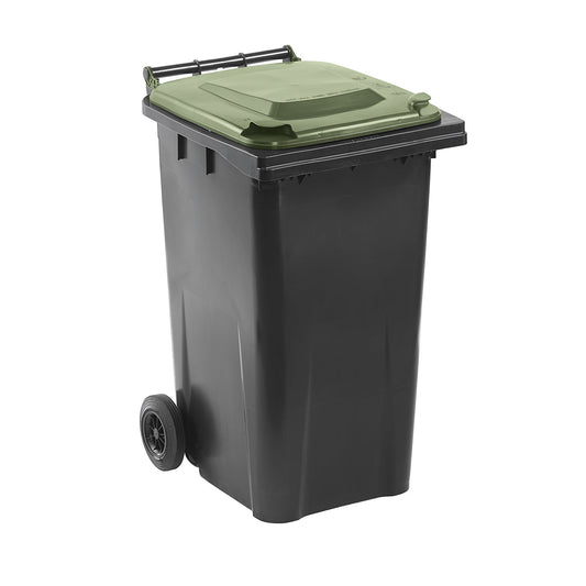 Wheelie bin in accordance with DIN EN 840, capacity 240 l, WxHxD 580 x 1100 x 740 mm, charcoal, green lid.