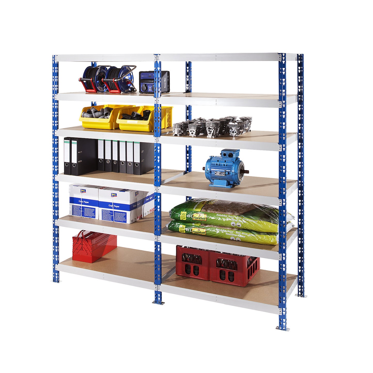 Universal boltless shelving unit, robust, chipboard shelves, HxWxD 2522 x 1025 x 600 mm, extension shelf unit.
