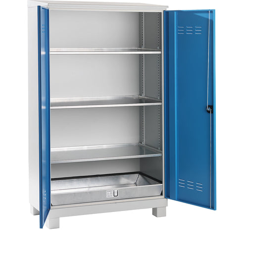 Environmental cupboard for outdoor storage, with 3 shelves, 1 base sump tray, HxWxD 2100 x 1200 x 600 mm.