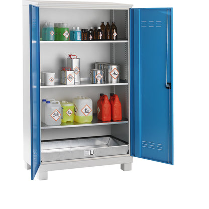Environmental cupboard for outdoor storage, with 3 shelves, 1 base sump tray, HxWxD 2100 x 1200 x 600 mm.