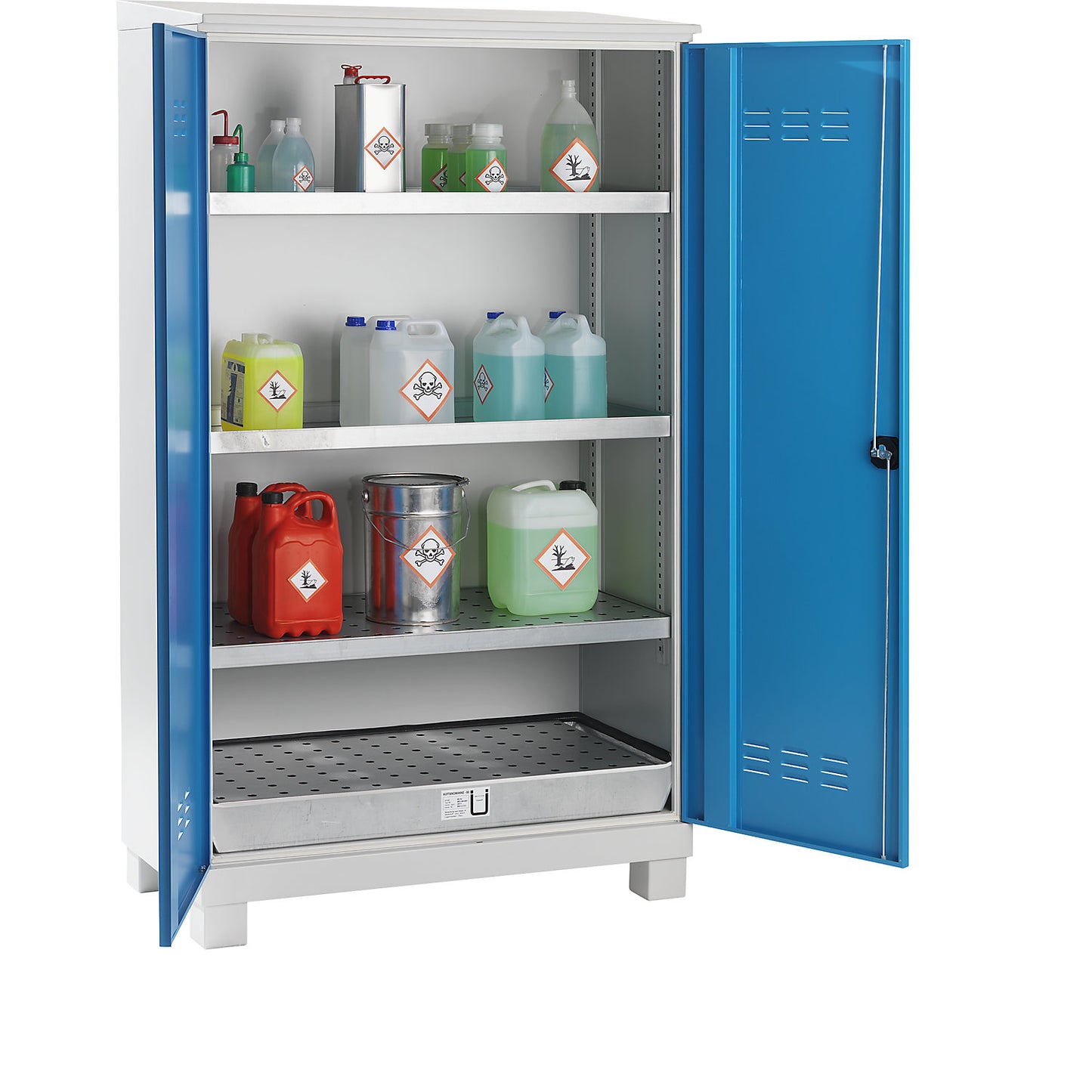 Environmental cupboard for outdoor storage, with 3 tray shelves, 1 base sump tray, HxWxD 2100 x 1200 x 600 mm.