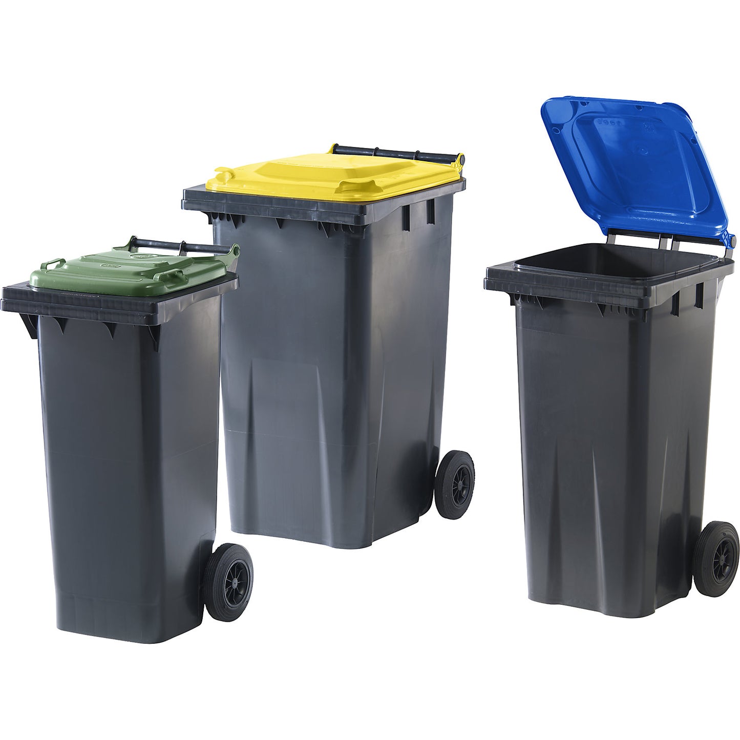 Wheelie bin in accordance with DIN EN 840, capacity 120 l, WxHxD 505 x 1005 x 555 mm, charcoal, green lid.