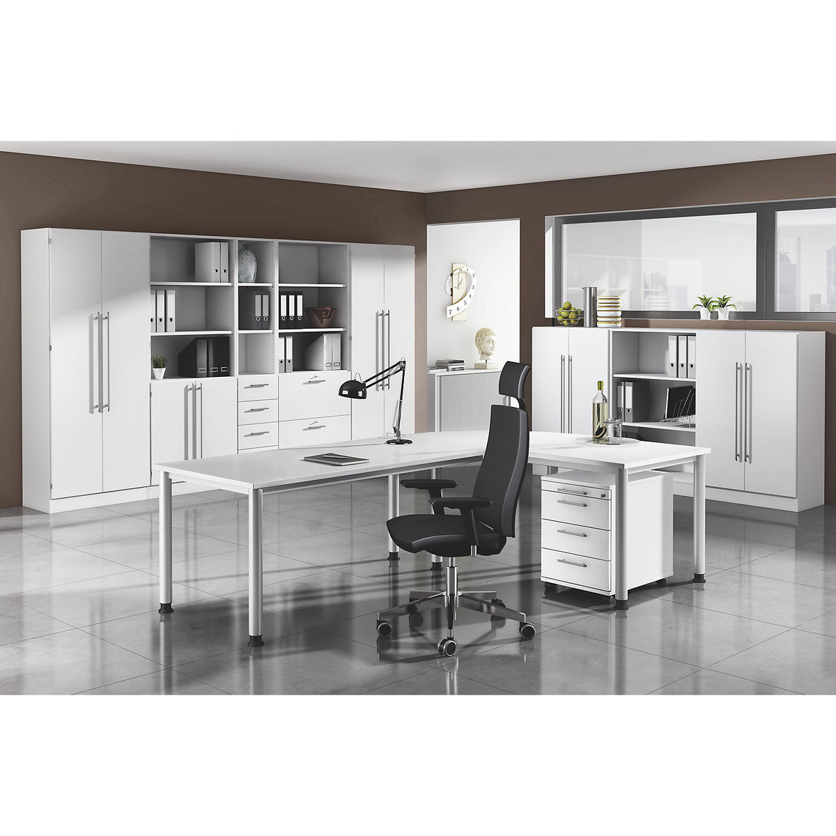 VIOLA - Shelf cupboard, 2 open shelves, 4 drawers, light grey.