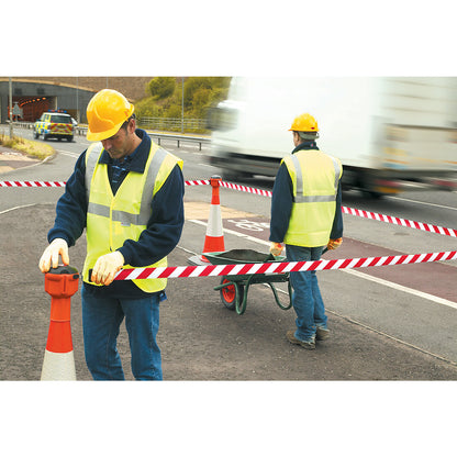 Plug-in tape barrier, belt extends to max. 9000 mm, yellow / black.
