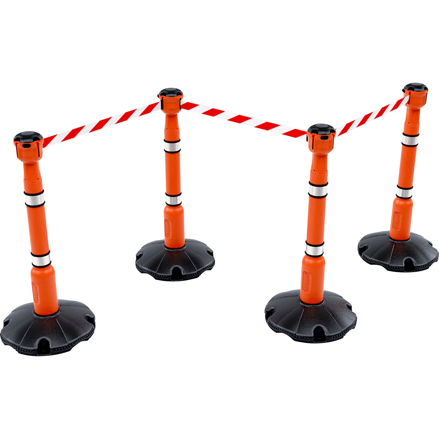 Plug-in tape barrier, belt extends to max. 9000 mm, red / white.