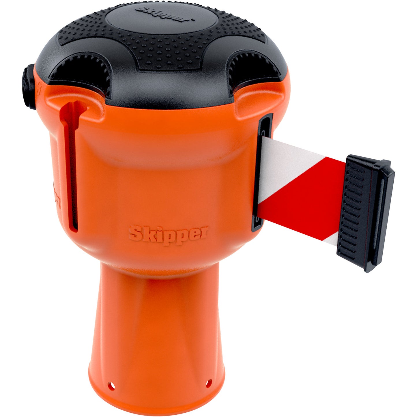Plug-in tape barrier, belt extends to max. 9000 mm, red / white.