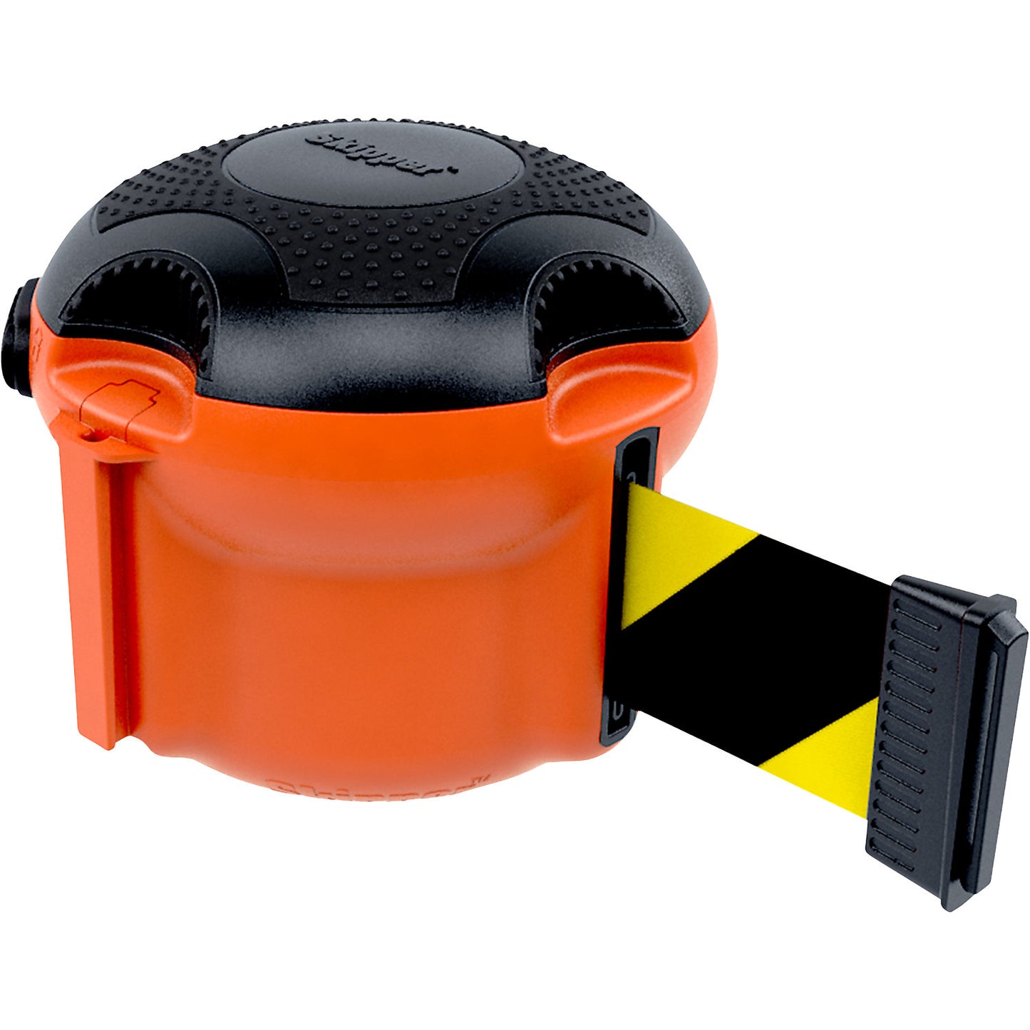 Tape barrier for indoor use, belt extends to max. 9000 mm, yellow / black.