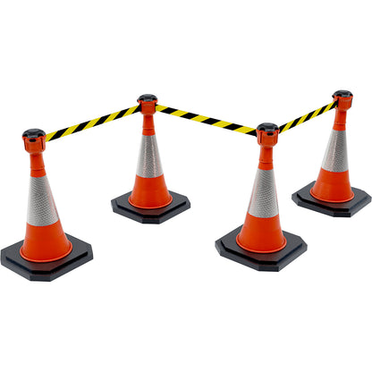 Plug-in tape barrier, belt extends to max. 9000 mm, yellow / black.
