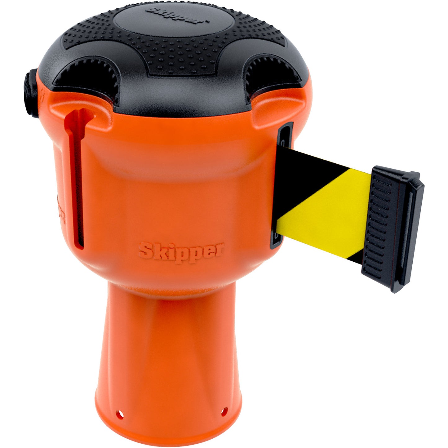 Plug-in tape barrier, belt extends to max. 9000 mm, yellow / black.