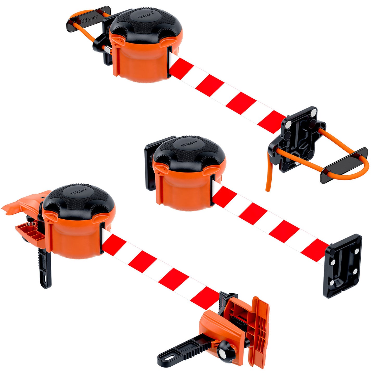 Tape barrier for indoor use, belt extends to max. 9000 mm, red / white.