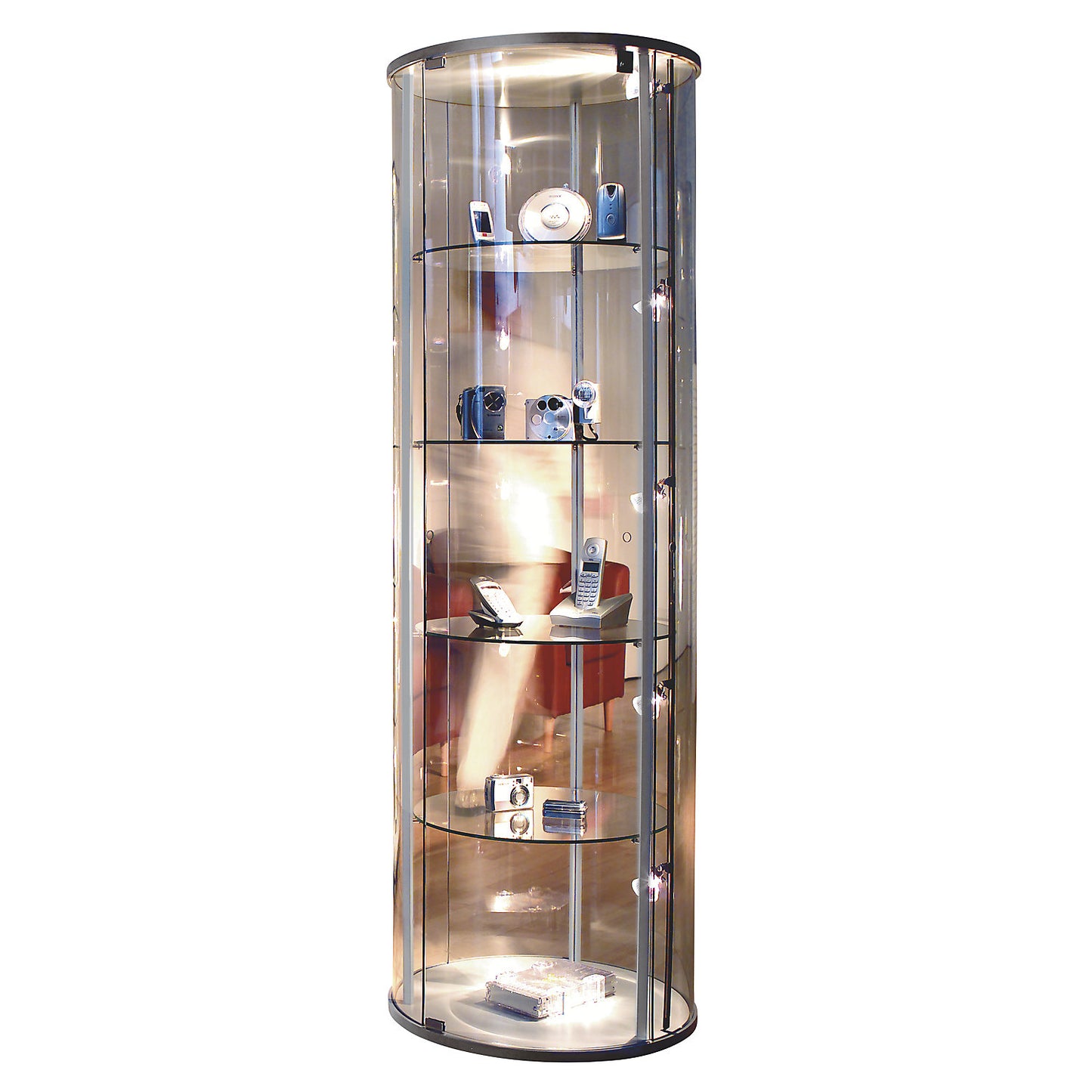 Glass display cabinet, 1 convex hinged door, 4 designer castors, with LED lighting.
