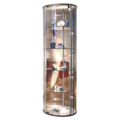 Glass display cabinet, 1 convex hinged door, 4 designer castors, with LED lighting.