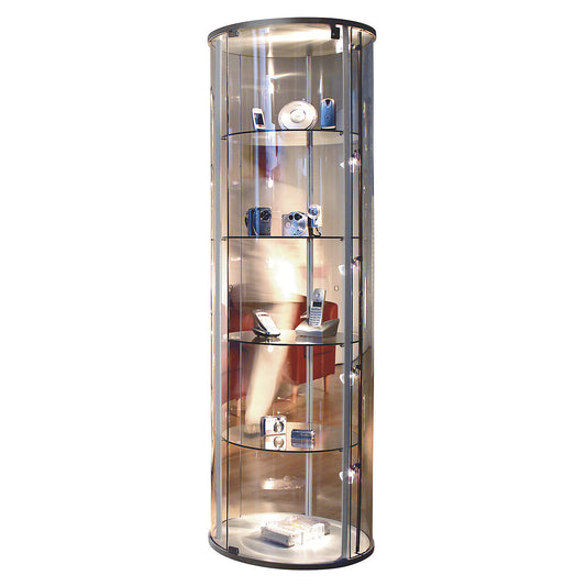 Glass display cabinet, 1 convex hinged door, 4 designer castors.