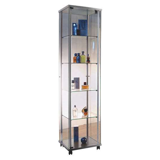 Glass display cabinet, 1 hinged door, 4 decorative feet, with LED lighting.
