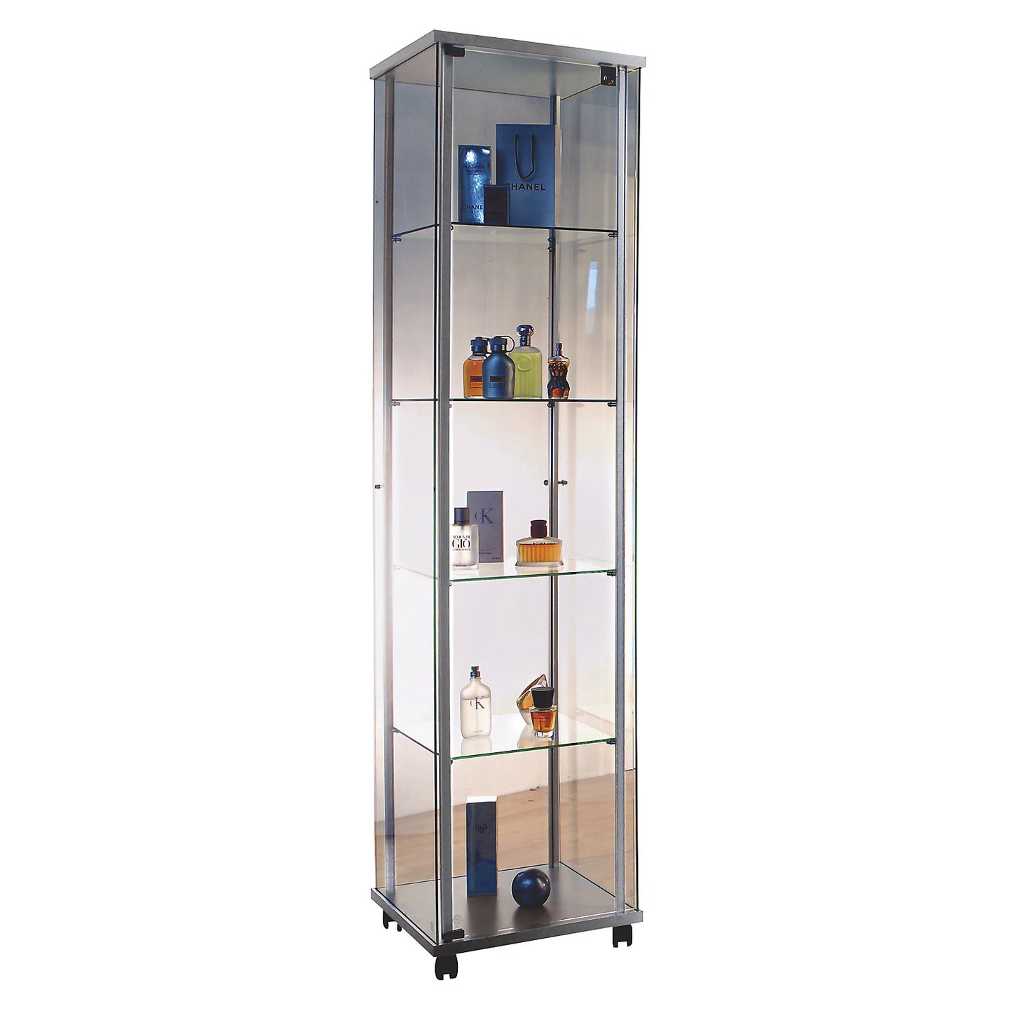 Glass display cabinet, 1 hinged door, 4 designer castors.