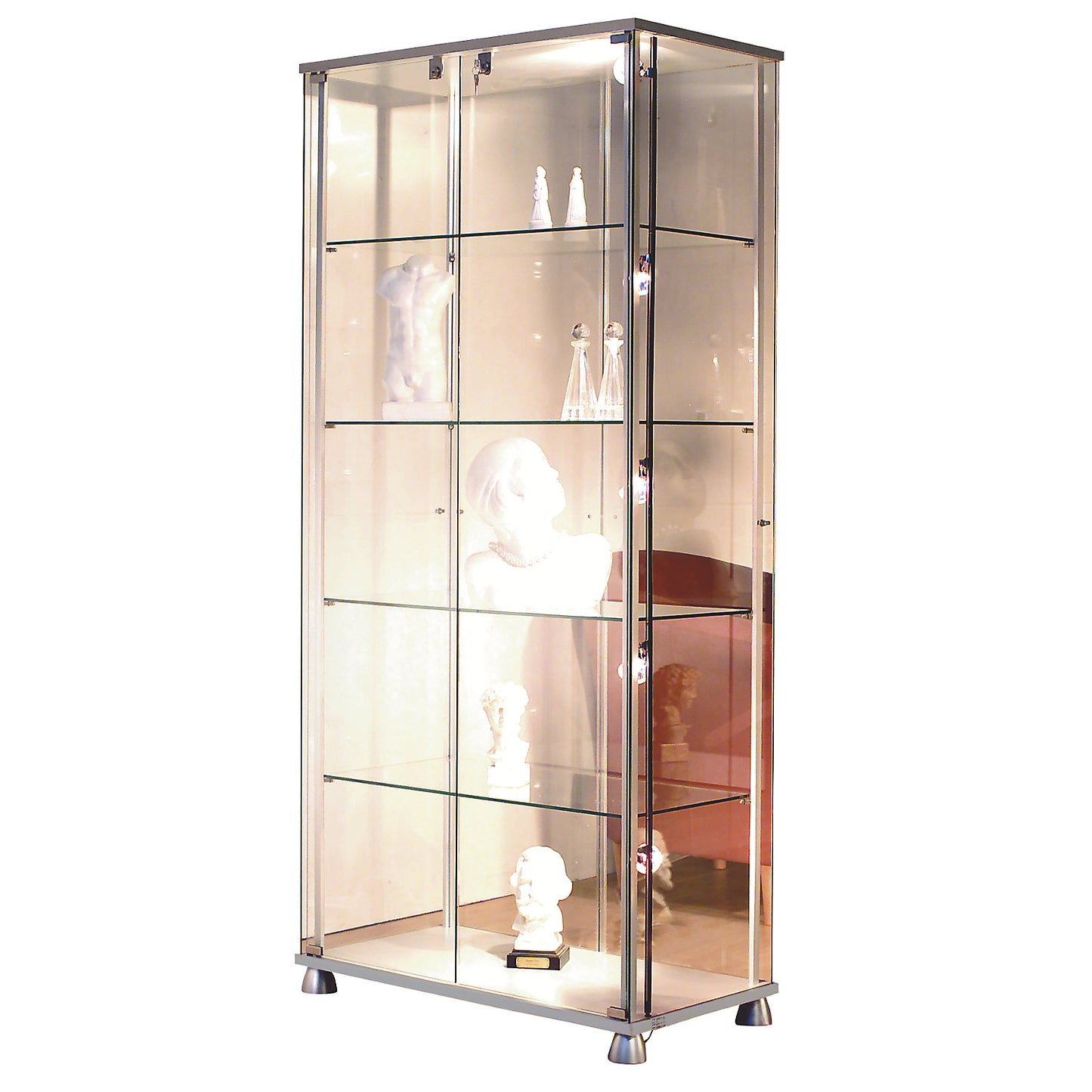 Glass display cabinet, 2 hinged doors, 4 decorative feet, with LED lighting.
