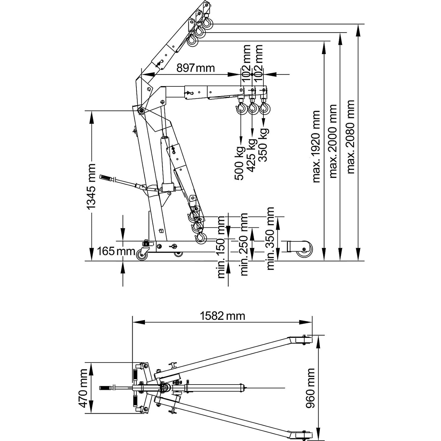 GREY workshop crane, angled chassis, max. load 500 kg.
