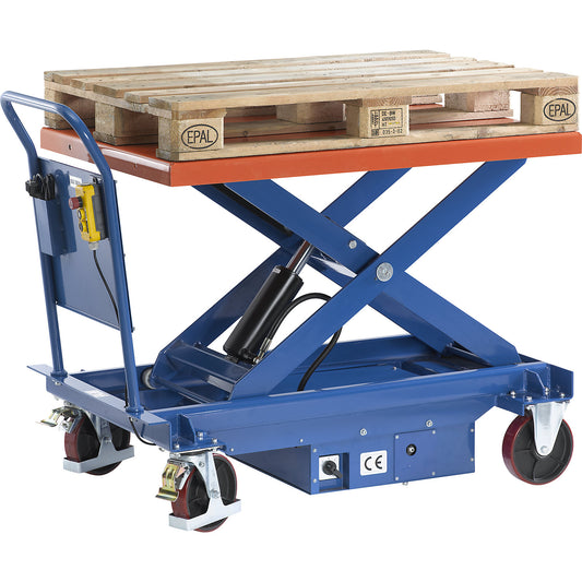 Lifting platform trolley, electric, lifting range 430 - 1230 mm, max. load 1000 kg.