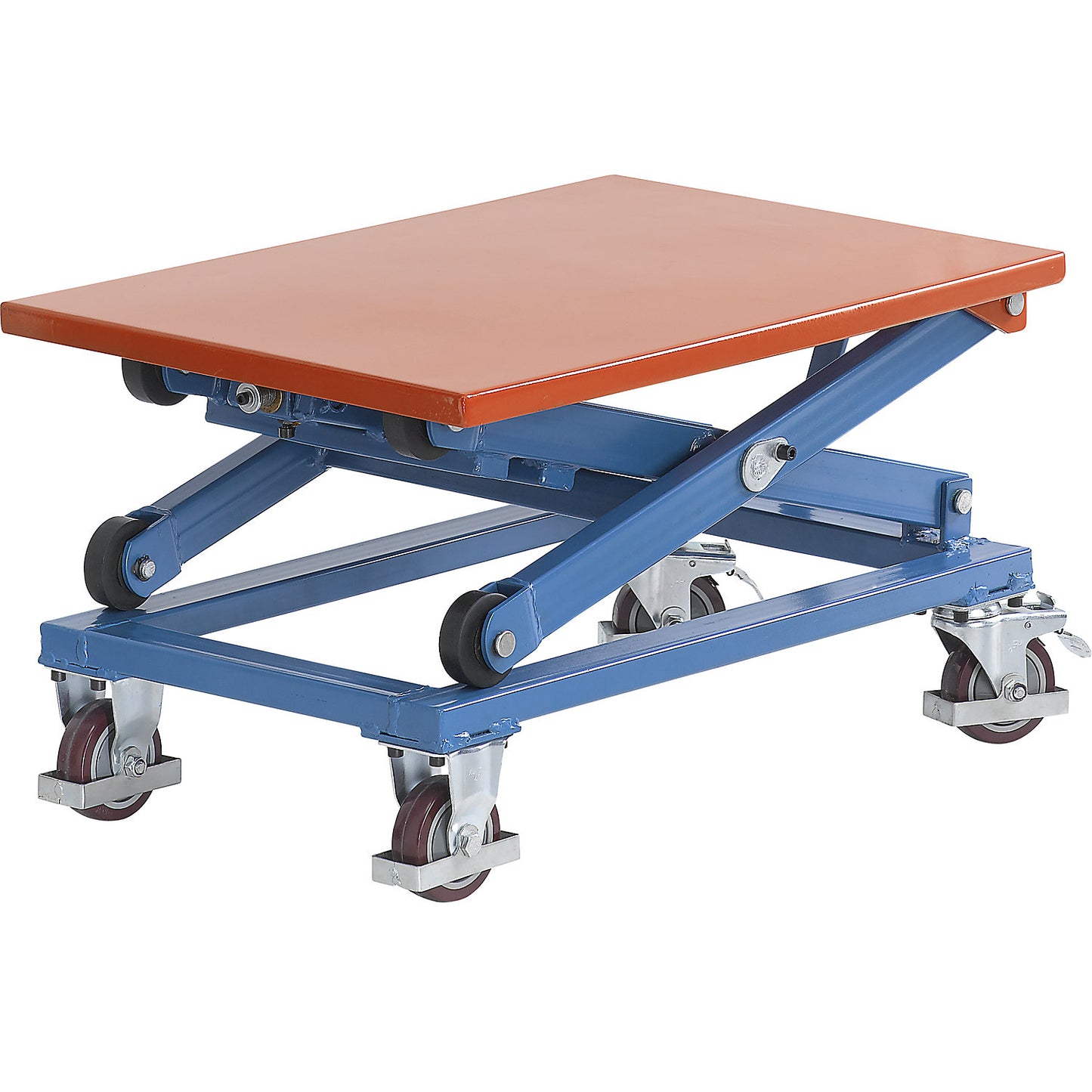 Telescopic lift platform truck, frame in signal blue, platform LxW 750 x 500 mm.