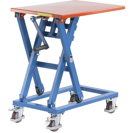 Telescopic lift platform truck, frame in signal blue, platform LxW 750 x 500 mm.