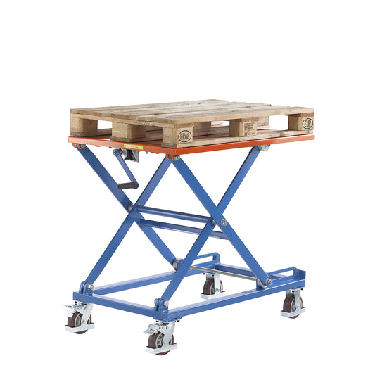 Telescopic lift platform truck, frame in signal blue, platform LxW 1200 x 800 mm.