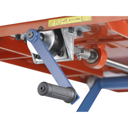 Telescopic lift platform truck, frame in signal blue, platform LxW 750 x 500 mm.