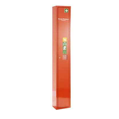 First aid cupboard, DIN 13157, without contents, HxW 2000 x 300 mm, signal orange, depth 200 mm.