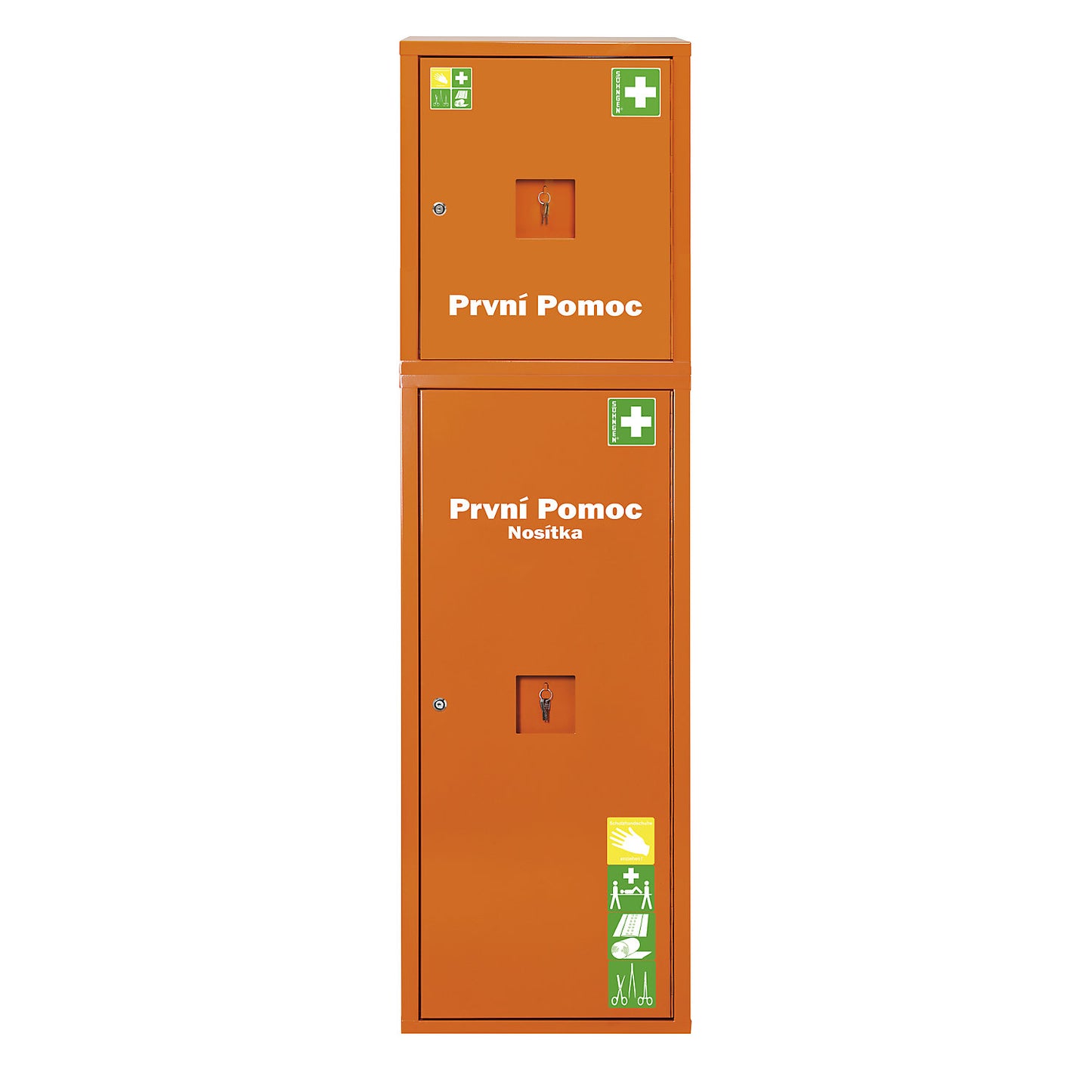 Emergency cabinet, DIN 13169 compliant, signal orange, HxWxD 1680 x 490 x 200 mm, with contents and first aid case.