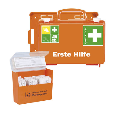 First aid case, with plaster dispenser and wall bracket, contents in accordance with DIN 13157.