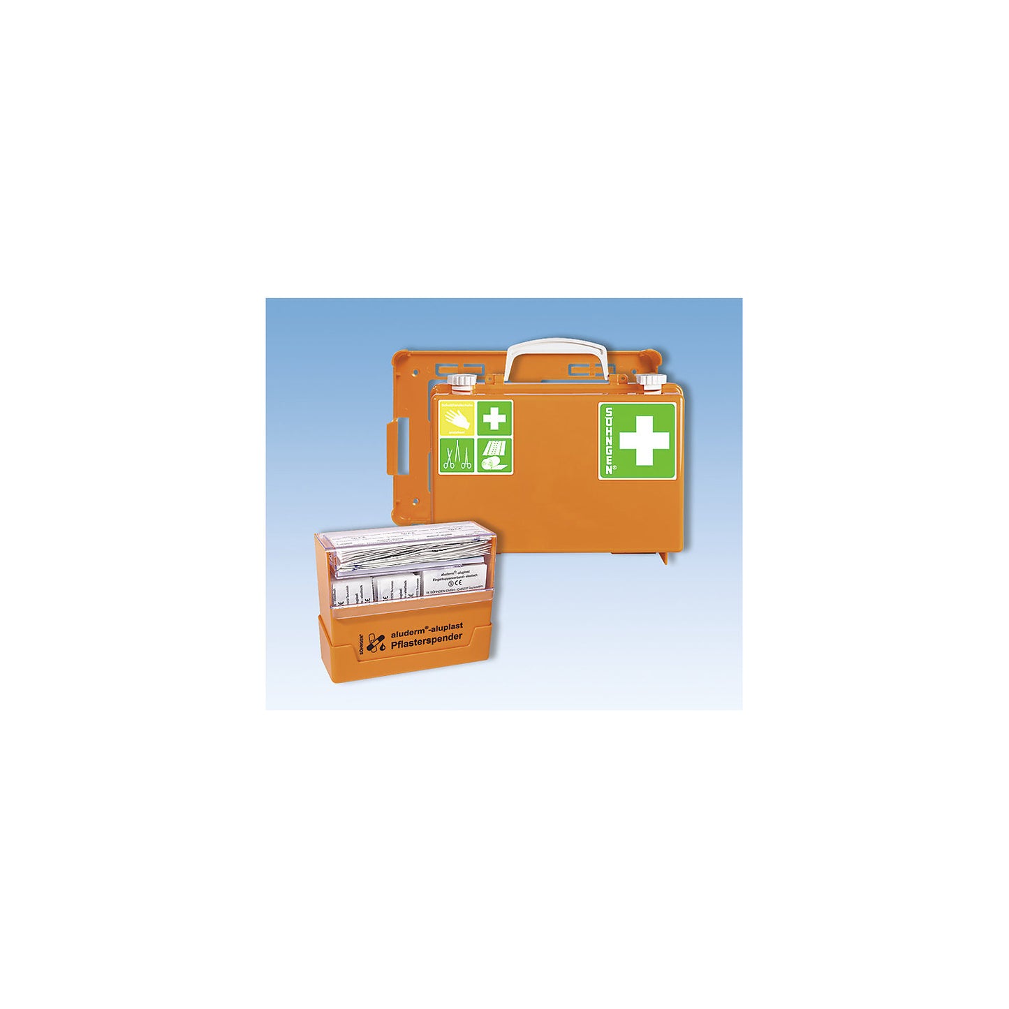 First aid case, with plaster dispenser and wall bracket, contents in accordance with DIN 13157.