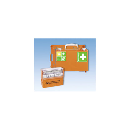 First aid case, with plaster dispenser and wall bracket, contents in accordance with DIN 13157.