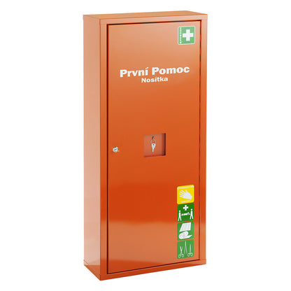 First aid cupboard, DIN 13157, without contents, HxW 1120 x 490 mm, signal orange, depth 200 mm.