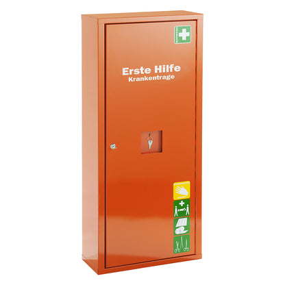 First aid cupboard, DIN 13157, without contents, HxW 1120 x 490 mm, signal orange, depth 200 mm.