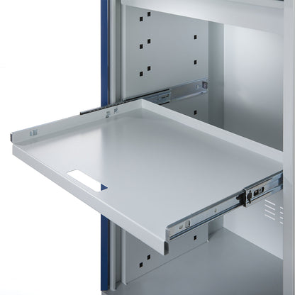 Computer workstation, sheet steel, HxW 1770 x 650 mm, with perforated panel and desktop, door colour light blue.