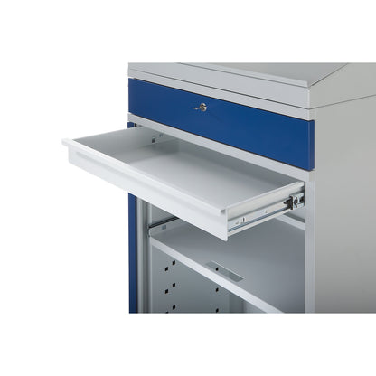 Computer workstation, sheet steel, HxW 1770 x 650 mm, with perforated panel and desktop, door colour light blue.
