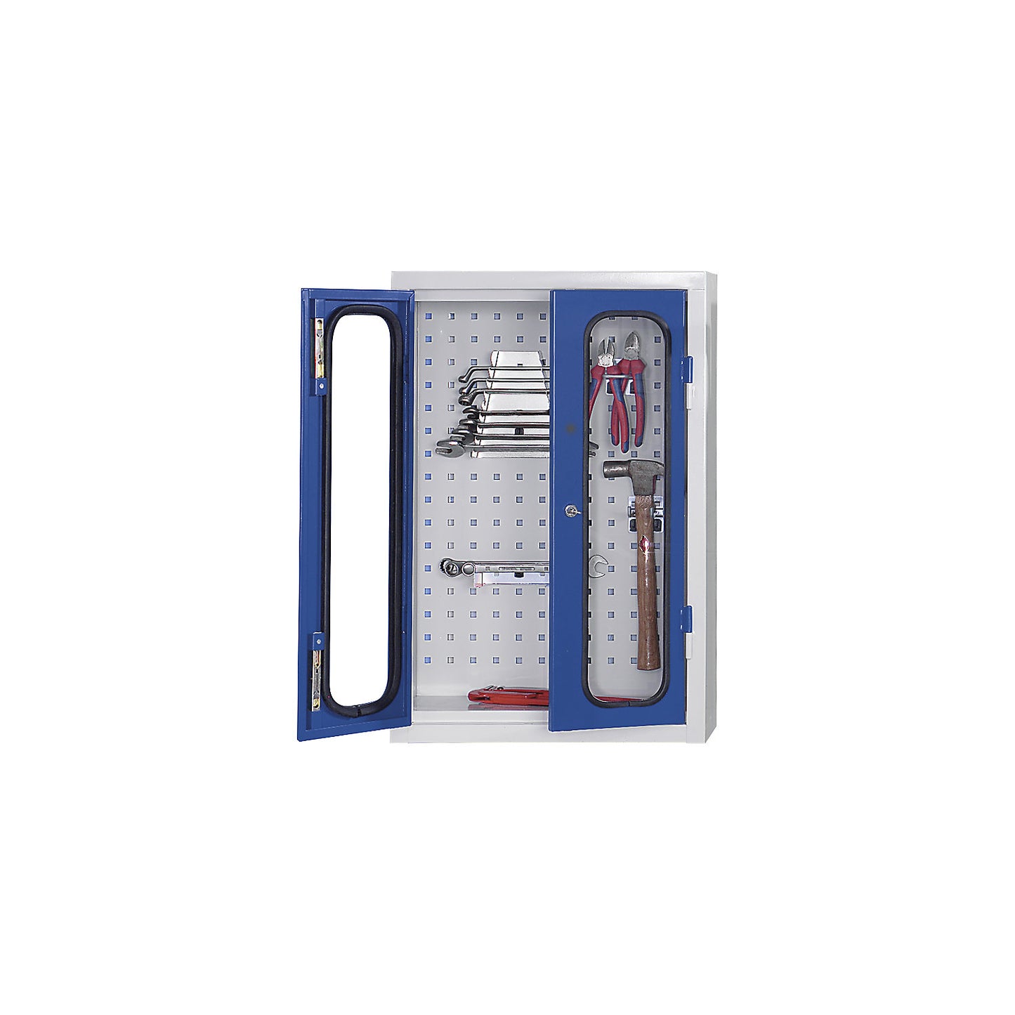Wall mounted tool cupboard with window, with perforated rear wall, HxWxD 750 x 500 x 200 mm, light grey / gentian blue.