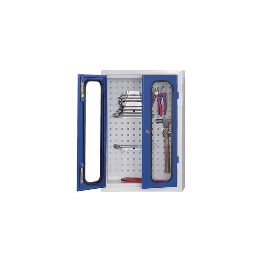 Wall mounted tool cupboard with window, with perforated rear wall, HxWxD 750 x 500 x 200 mm, light grey / gentian blue.