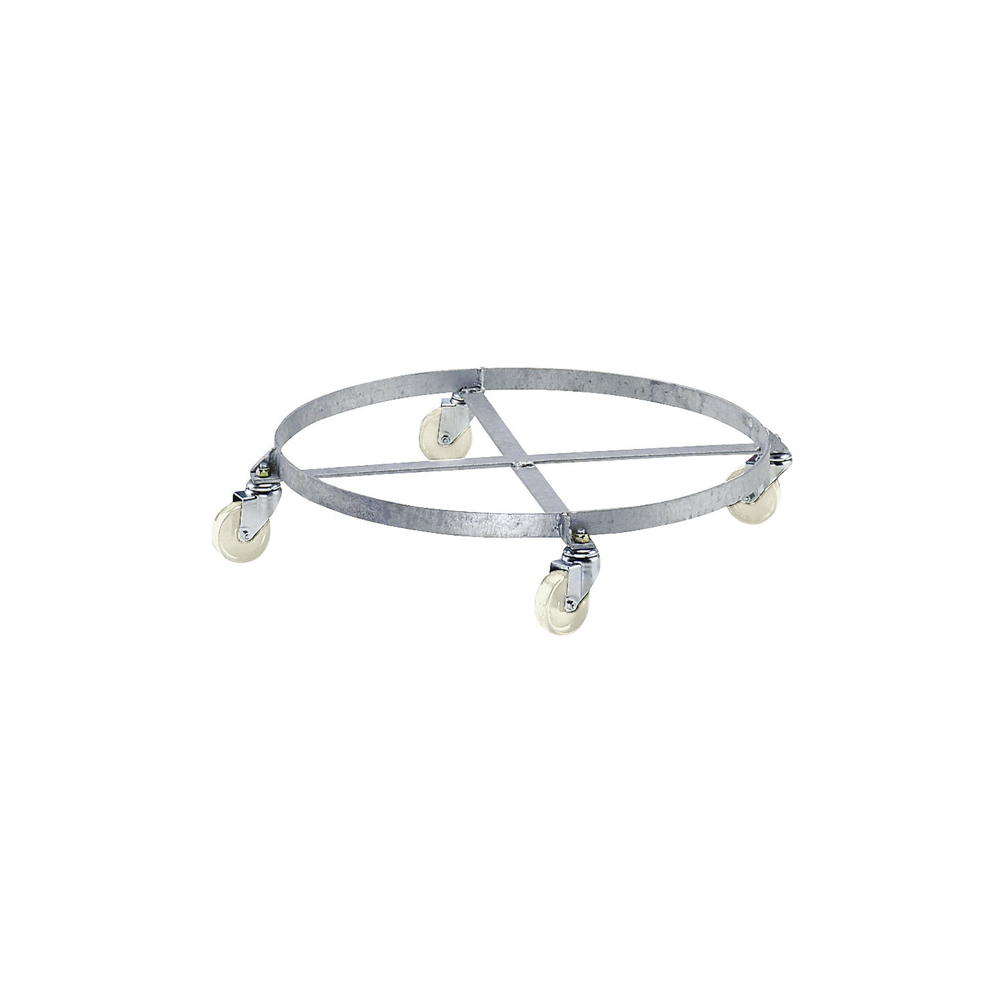 Drum dolly, open frame, zinc plated, max. load 250 kg, internal frame Ø 610 mm, with 4 swivel castors.