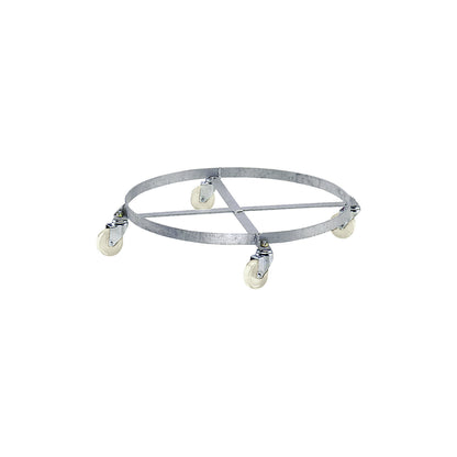 Drum dolly, open frame, zinc plated, max. load 250 kg, internal frame Ø 610 mm, with 4 swivel castors.