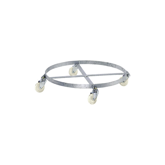 Drum dolly, open frame, zinc plated, max. load 250 kg, internal frame Ø 610 mm, with 4 swivel castors.