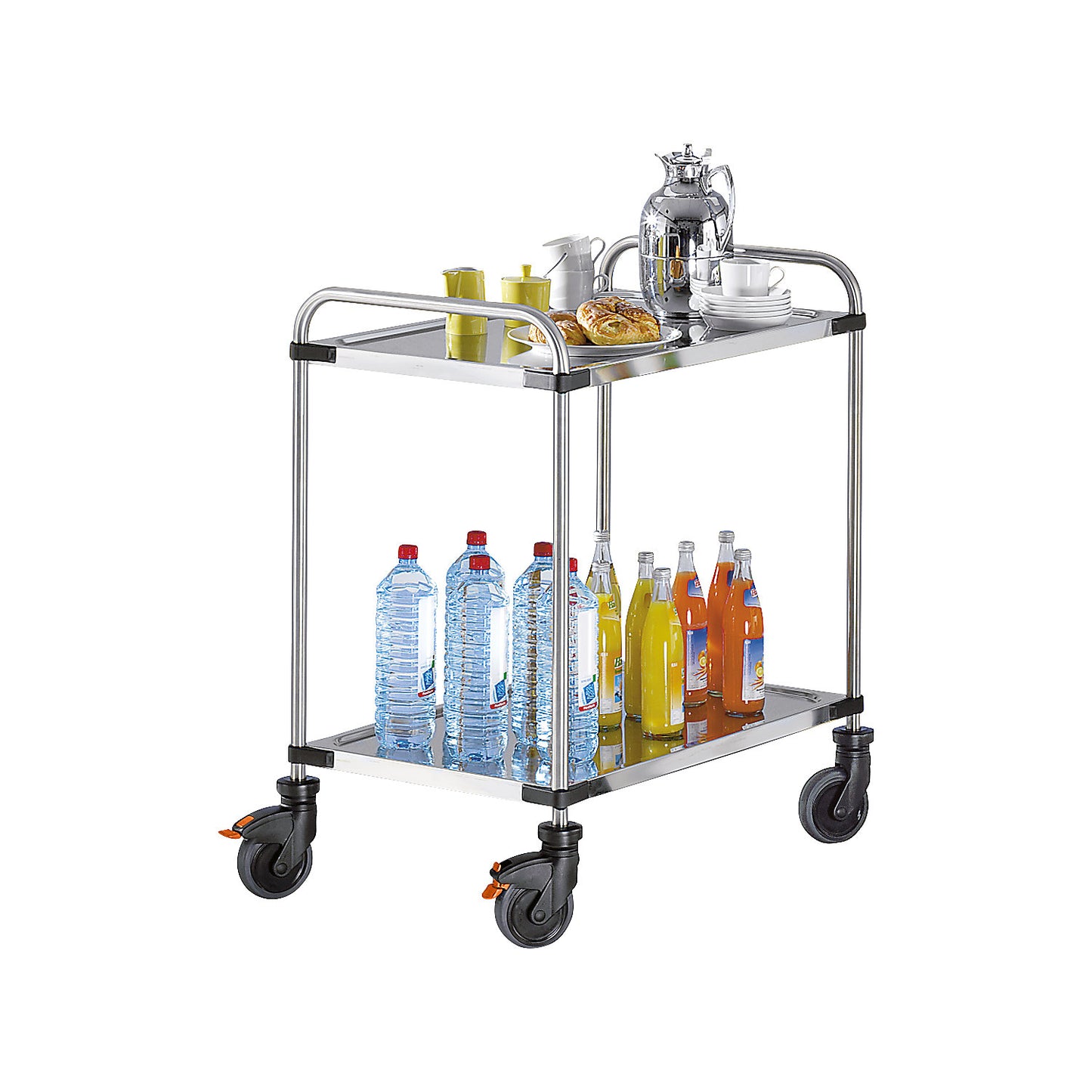 VARITHEK SERVO+ stainless steel table trolley, LxWxH 870 x 570 x 950 mm, platform 800 x 500 mm, 2 shelves, max. load 120 kg.