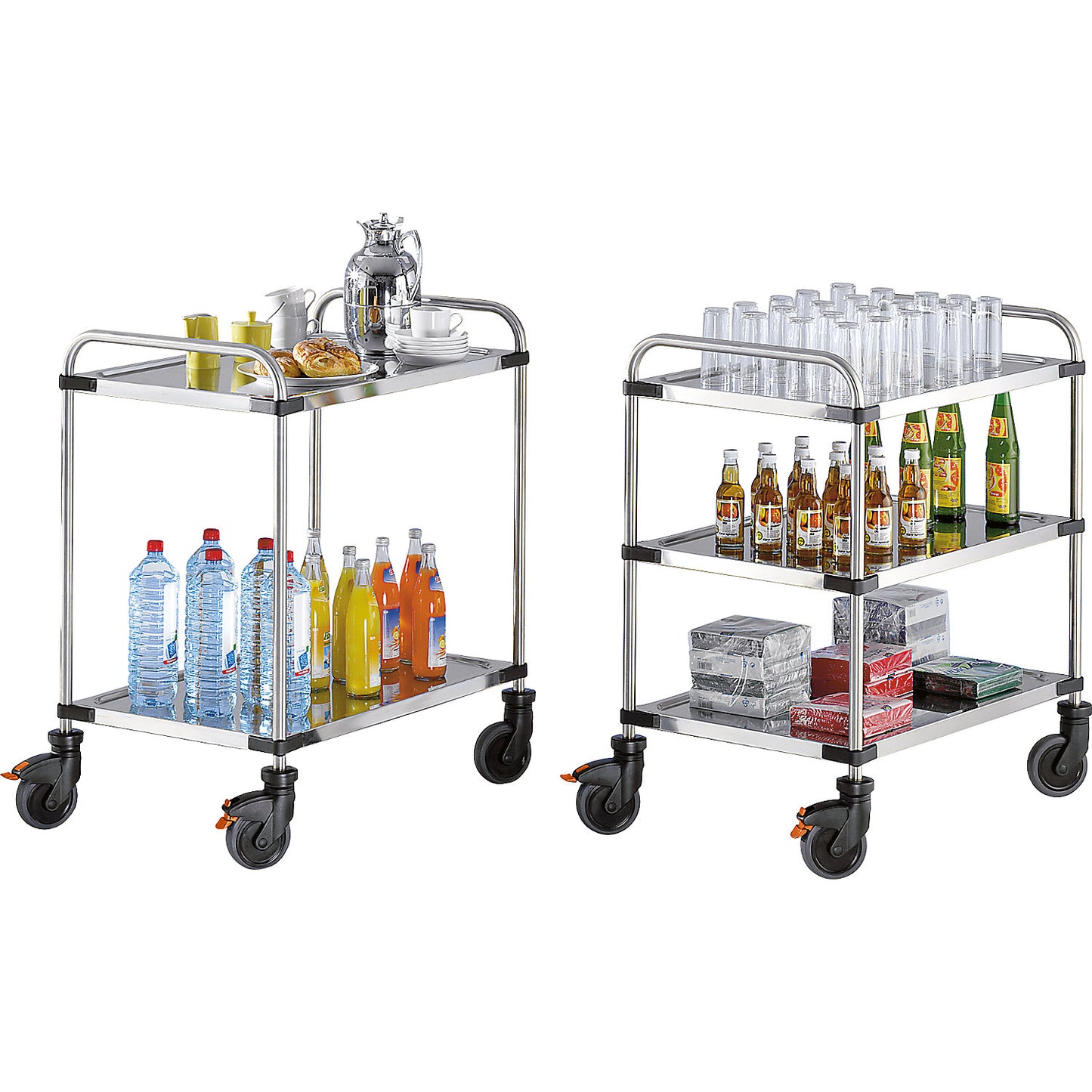 VARITHEK SERVO+ stainless steel table trolley, LxWxH 870 x 570 x 950 mm, platform 800 x 500 mm, 3 shelves, max. load 150 kg.
