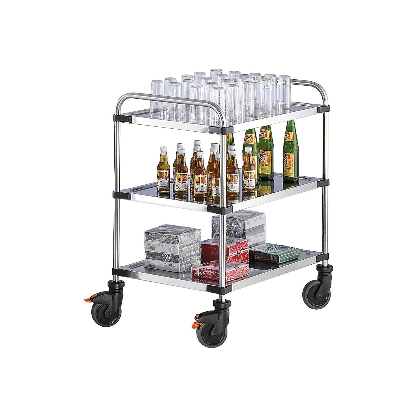 VARITHEK SERVO+ stainless steel table trolley, LxWxH 870 x 570 x 950 mm, platform 800 x 500 mm, 3 shelves, max. load 150 kg.