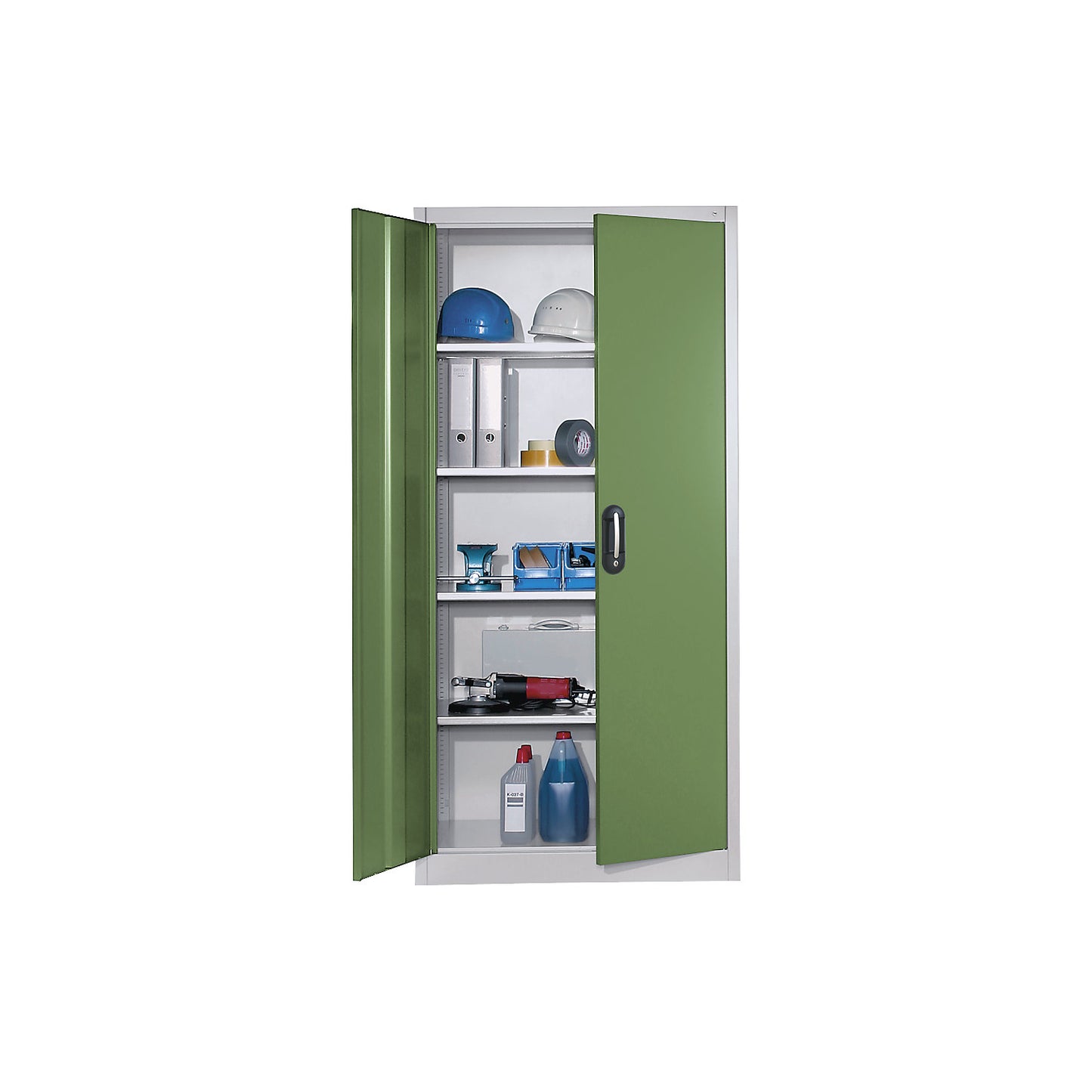 Workshop double door cupboard, HxWxD 1950 x 930 x 500 mm, light grey / reseda green.