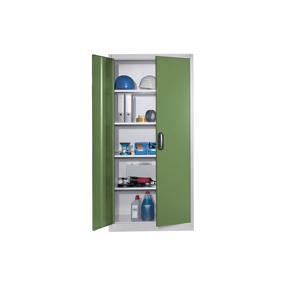 Workshop double door cupboard, HxWxD 1950 x 930 x 400 mm, light grey / reseda green.