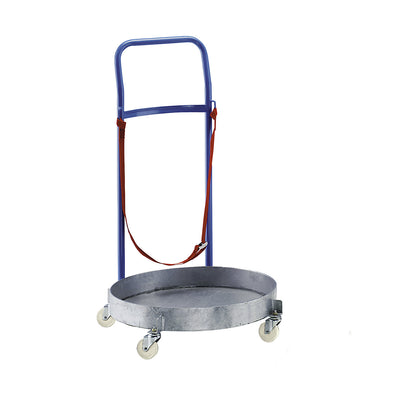 Drum dolly, with watertight metal tray, zinc plated, with push handle, internal frame Ø 610 mm.