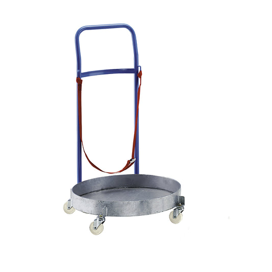 Drum dolly, with watertight metal tray, zinc plated, with push handle, internal frame Ø 610 mm.